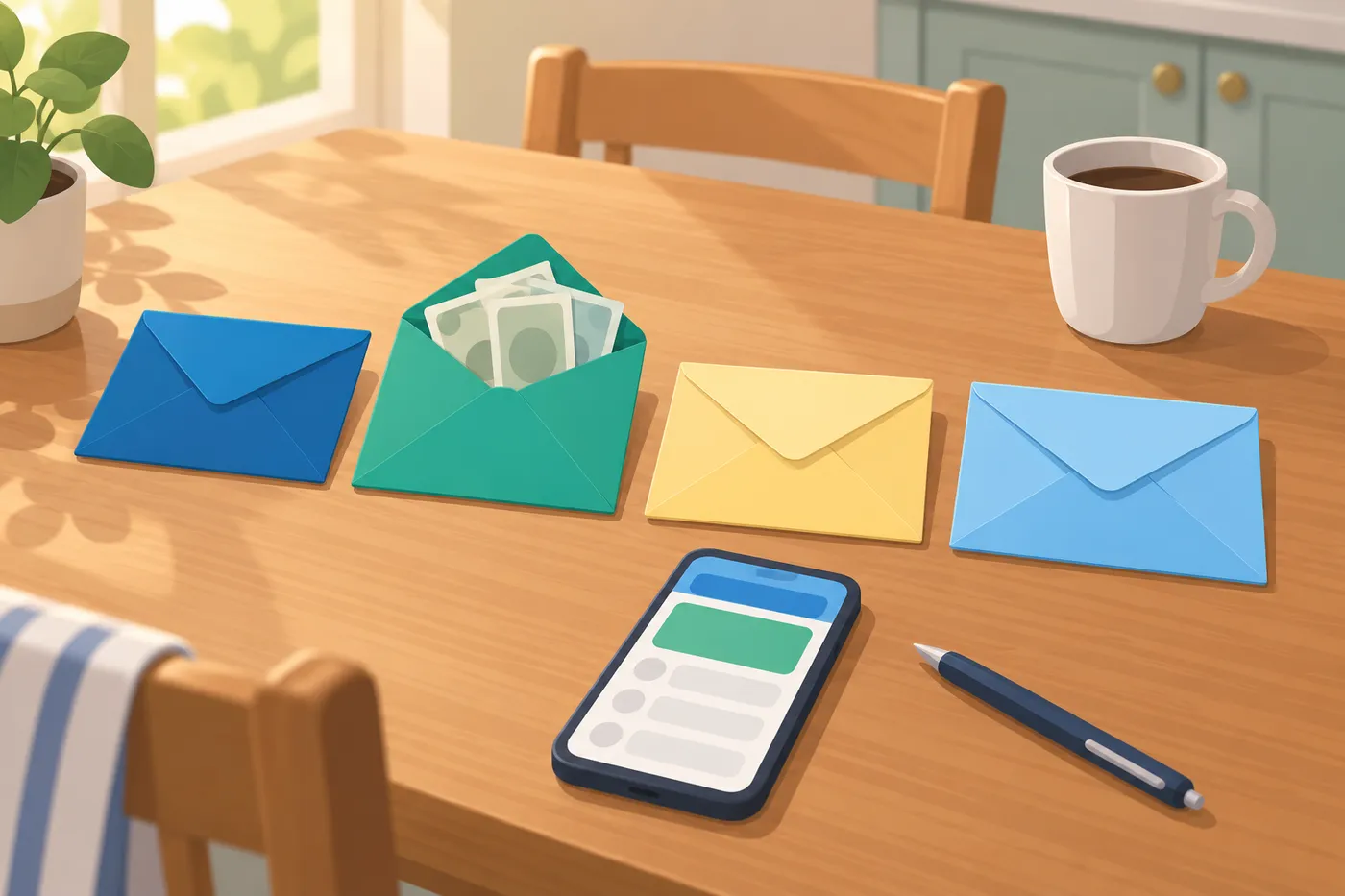 Illustration of paper envelopes, a phone, and coffee on a kitchen table