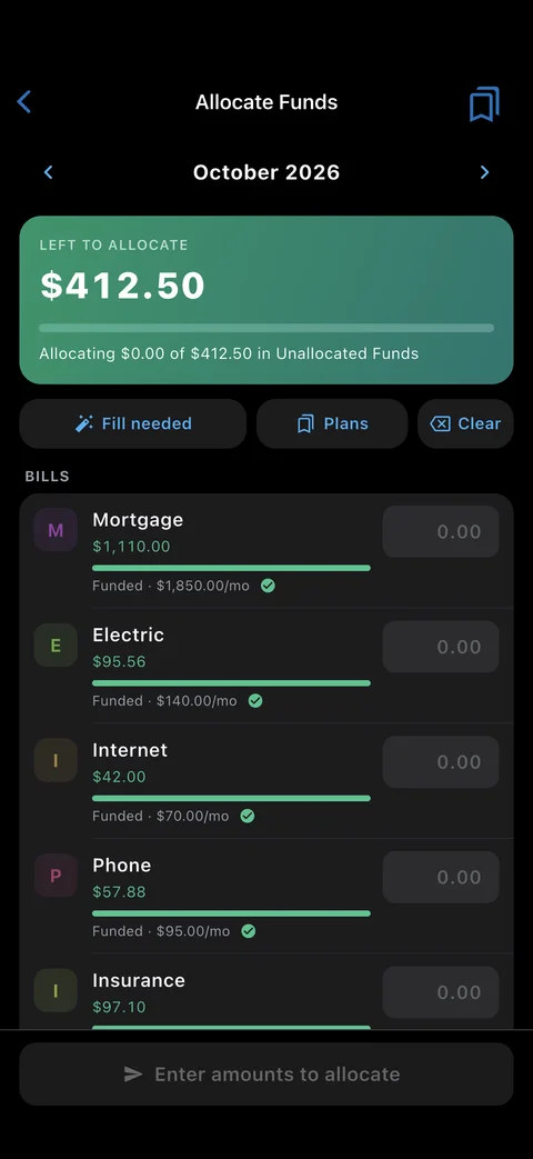 EnvelopeBudget mobile app: Allocate screen