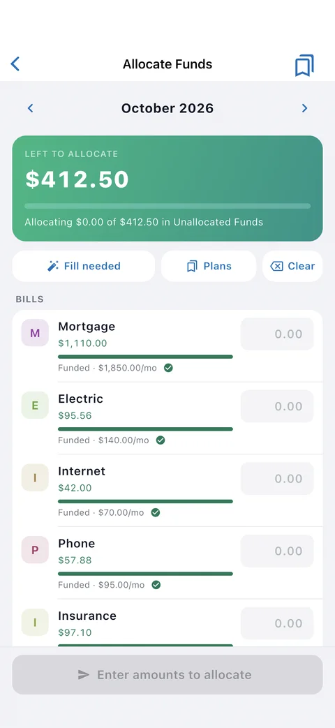 EnvelopeBudget mobile app: Allocate screen