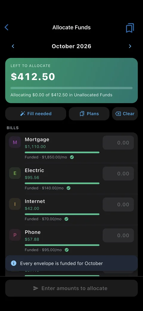 Allocating a paycheck to envelopes in the EnvelopeBudget mobile app