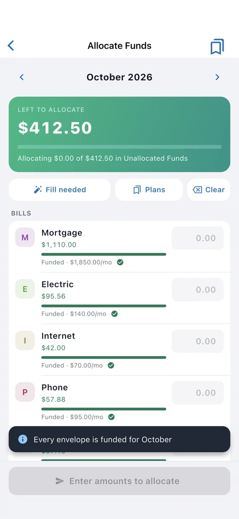 Allocating a paycheck to envelopes in the EnvelopeBudget mobile app