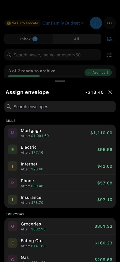EnvelopeBudget mobile app: Assign screen
