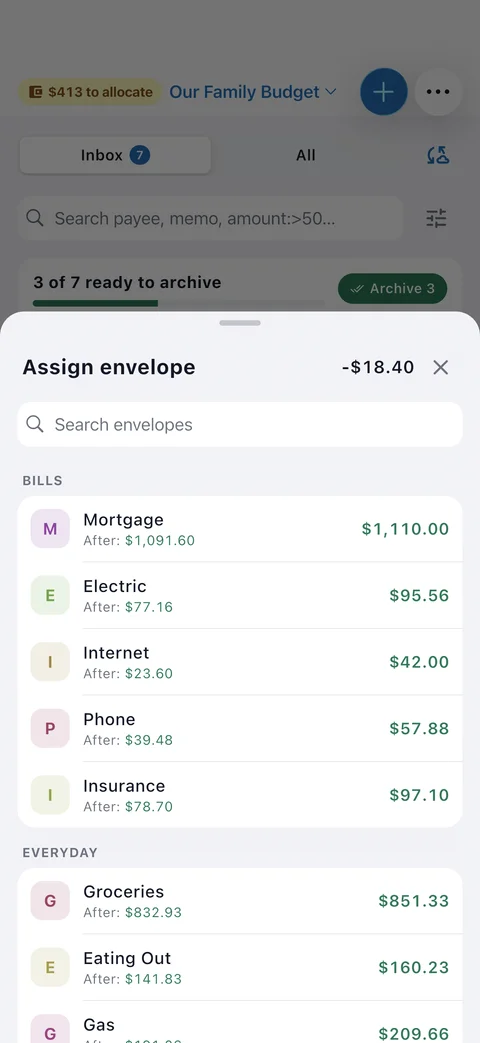 EnvelopeBudget mobile app: Assign screen
