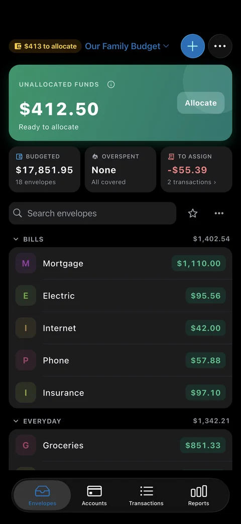 EnvelopeBudget mobile app showing envelope balances