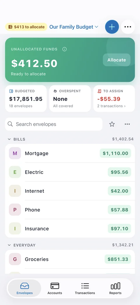 EnvelopeBudget mobile app showing envelope balances