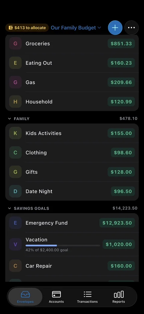 Envelope list with bills, everyday spending, and savings goals in the EnvelopeBudget mobile app
