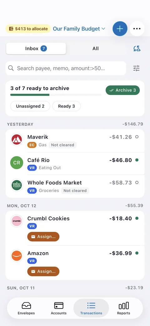 Transaction inbox with new purchases ready to review in the EnvelopeBudget mobile app