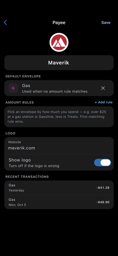 EnvelopeBudget mobile app: Rules screen
