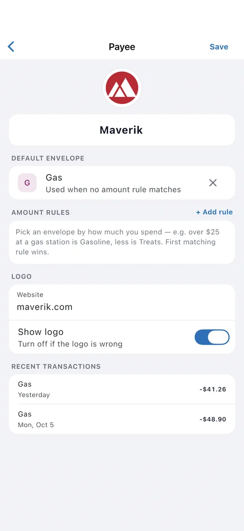 EnvelopeBudget mobile app: Rules screen