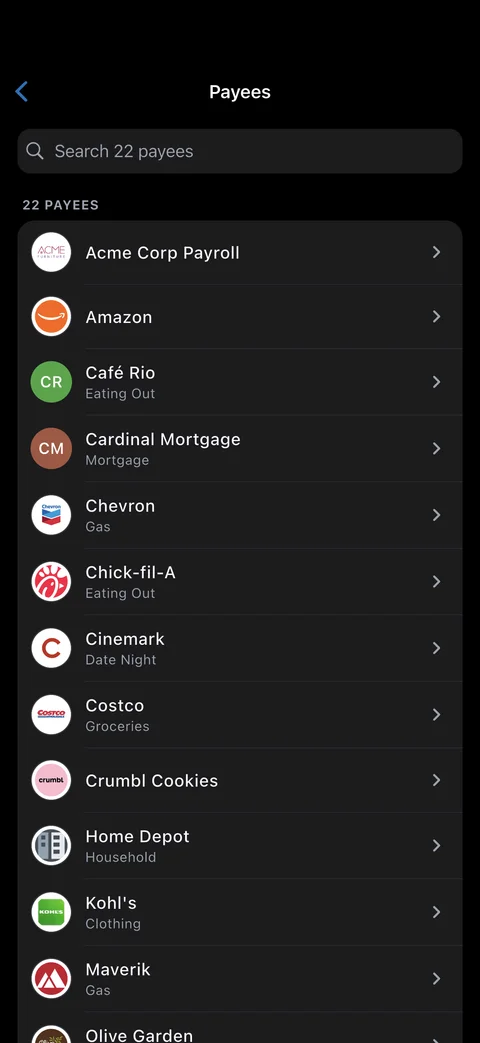 EnvelopeBudget mobile app: Payees screen