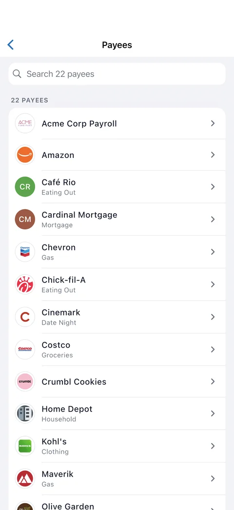 EnvelopeBudget mobile app: Payees screen