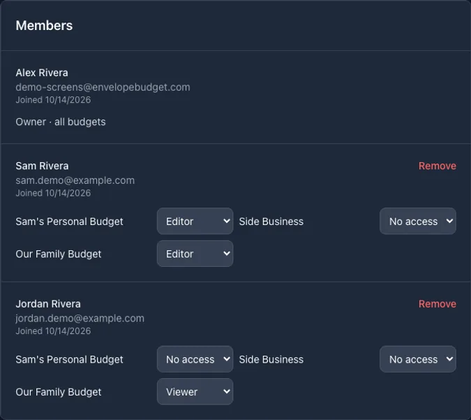Family & Team members with per-budget No access, Editor, and Viewer controls