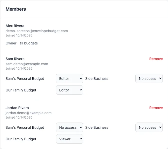 Family & Team members with per-budget No access, Editor, and Viewer controls