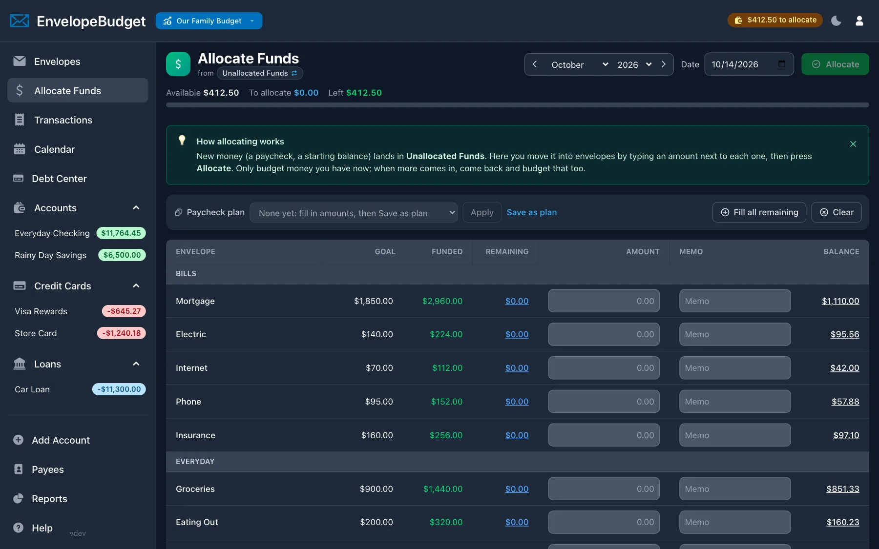 EnvelopeBudget Allocate Funds screen assigning a paycheck across envelopes with a live to-allocate total