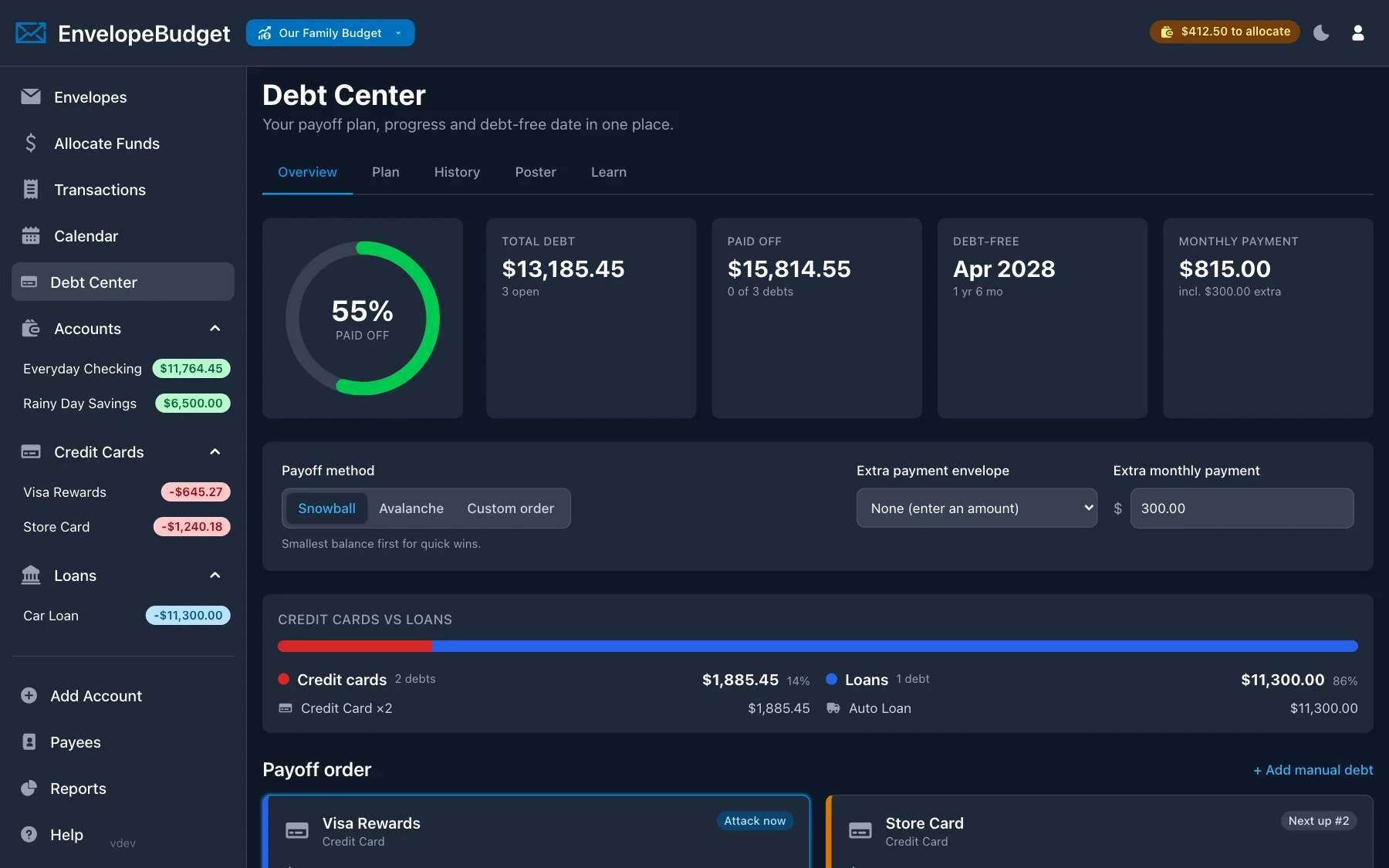 EnvelopeBudget Debt Center showing percent paid off, a debt-free date, and debts in payoff order