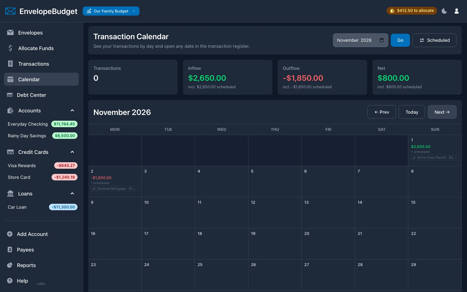 EnvelopeBudget transaction calendar with upcoming repeating transactions