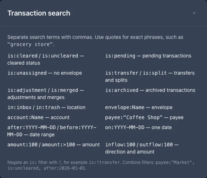 EnvelopeBudget transaction search help listing filters for status, envelope, account, payee, dates, and amounts