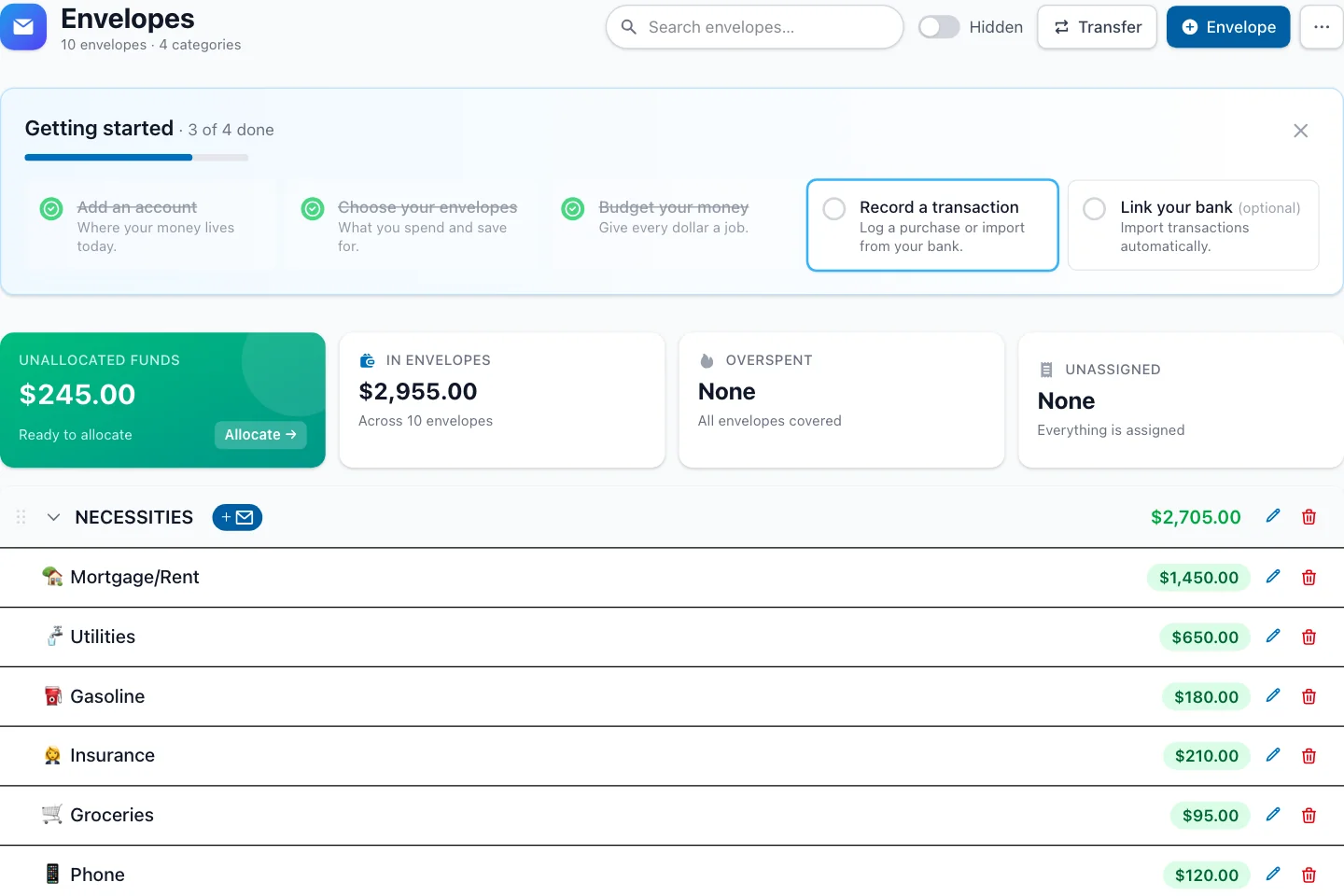 EnvelopeBudget envelopes page with a getting-started checklist