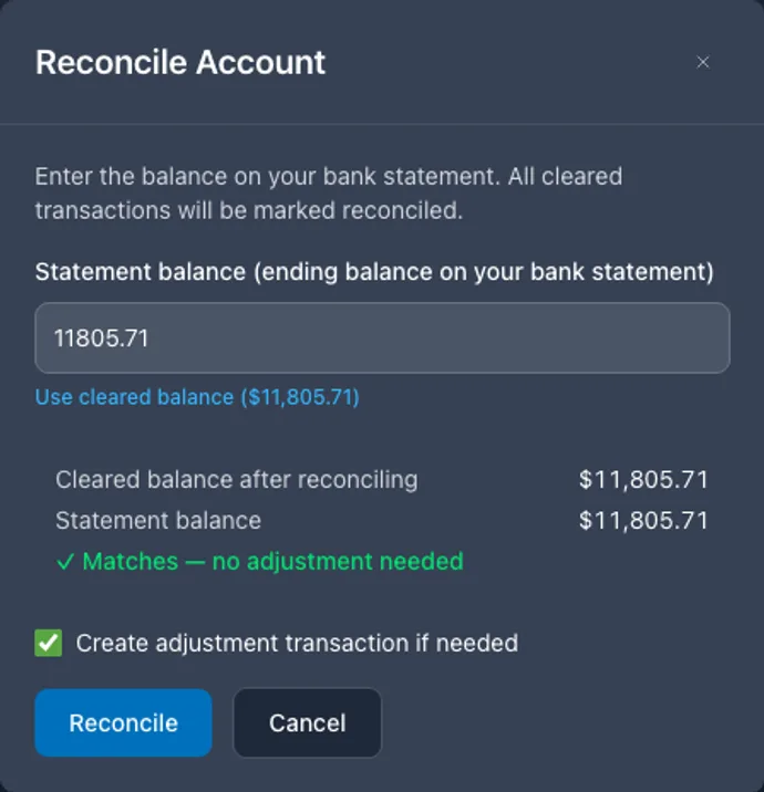EnvelopeBudget reconcile dialog showing the statement balance matches the cleared balance