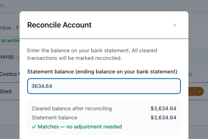EnvelopeBudget reconcile dialog showing the statement balance matches