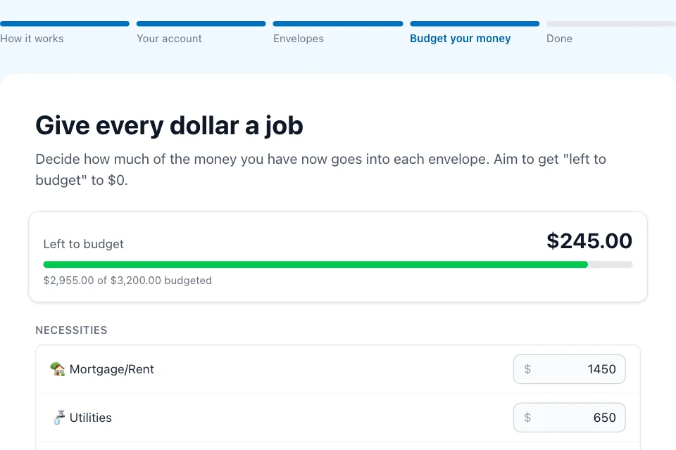 EnvelopeBudget guided setup assigning money to envelopes with a left-to-budget meter