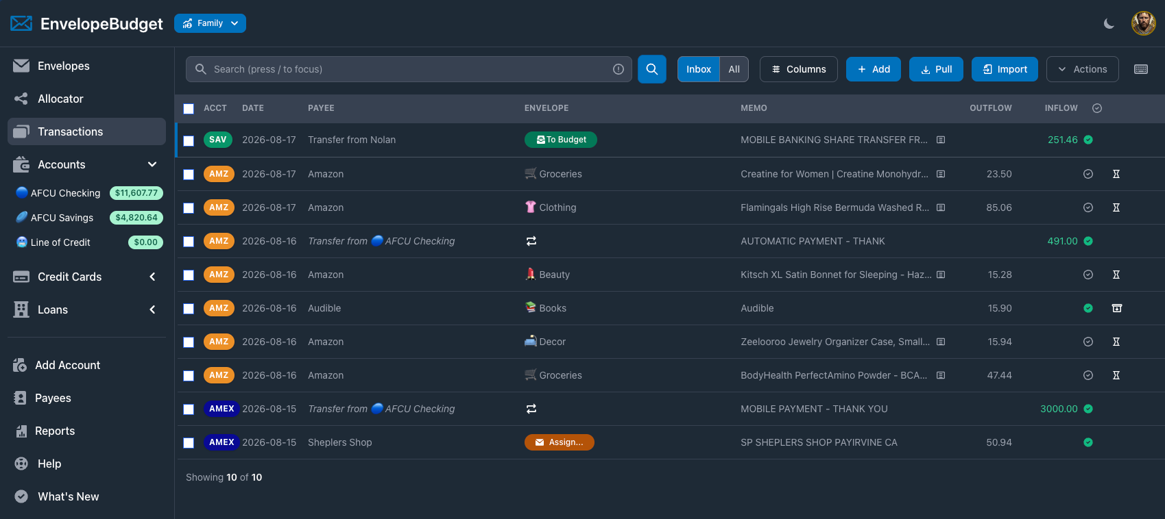 EnvelopeBudget transaction register showing imported purchases, transfers, envelope assignments, and account balances