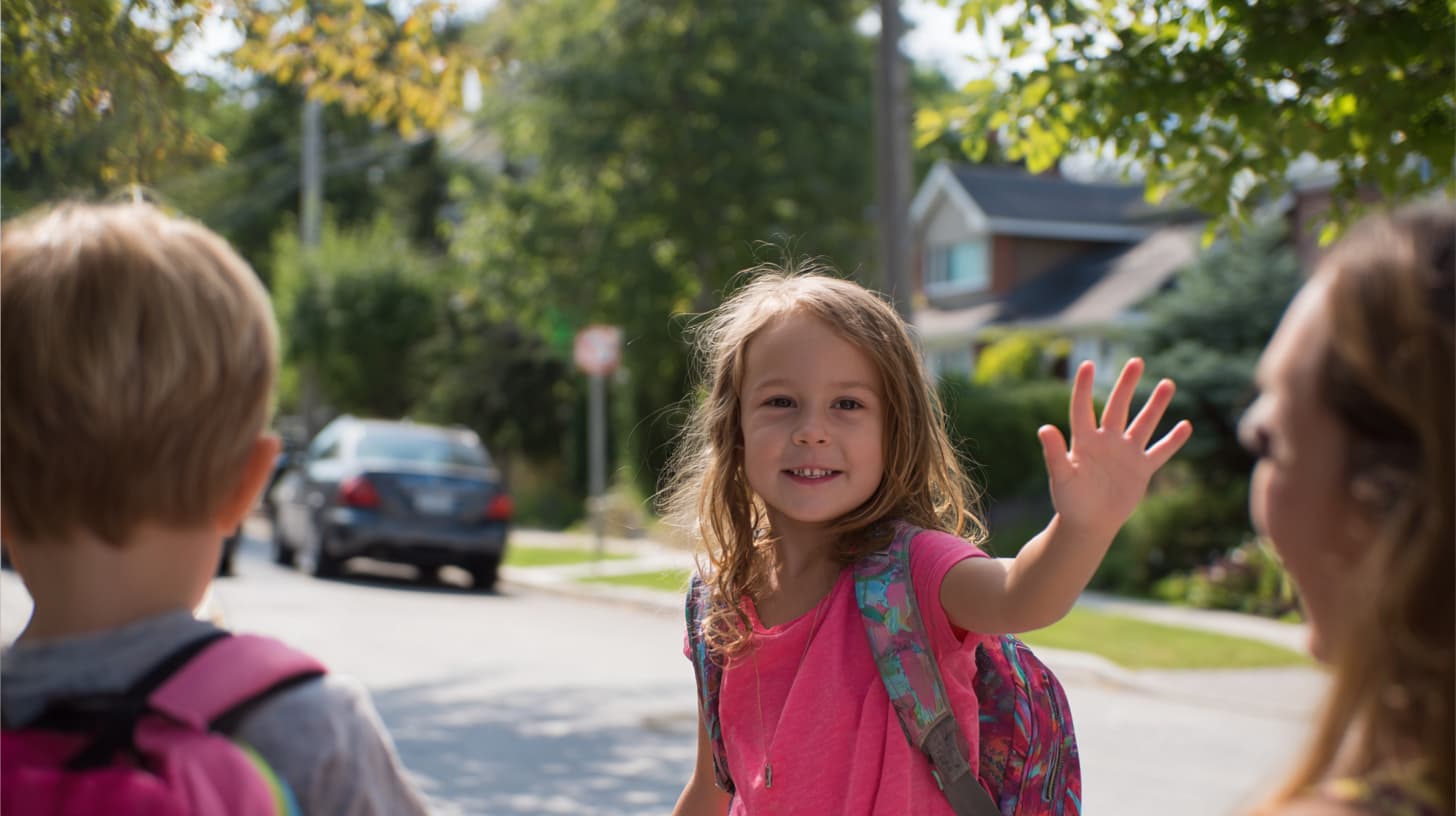 waving goodbye as girl goes to school