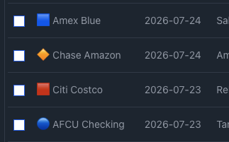 Transaction rows showing full account names taking up valuable horizontal space