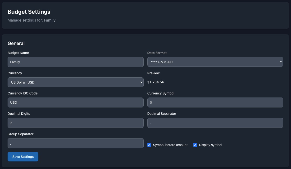 EnvelopeBudget Budget Settings page showing the currency drop-down, ISO code, symbol, decimal digits, separators, and a formatted preview