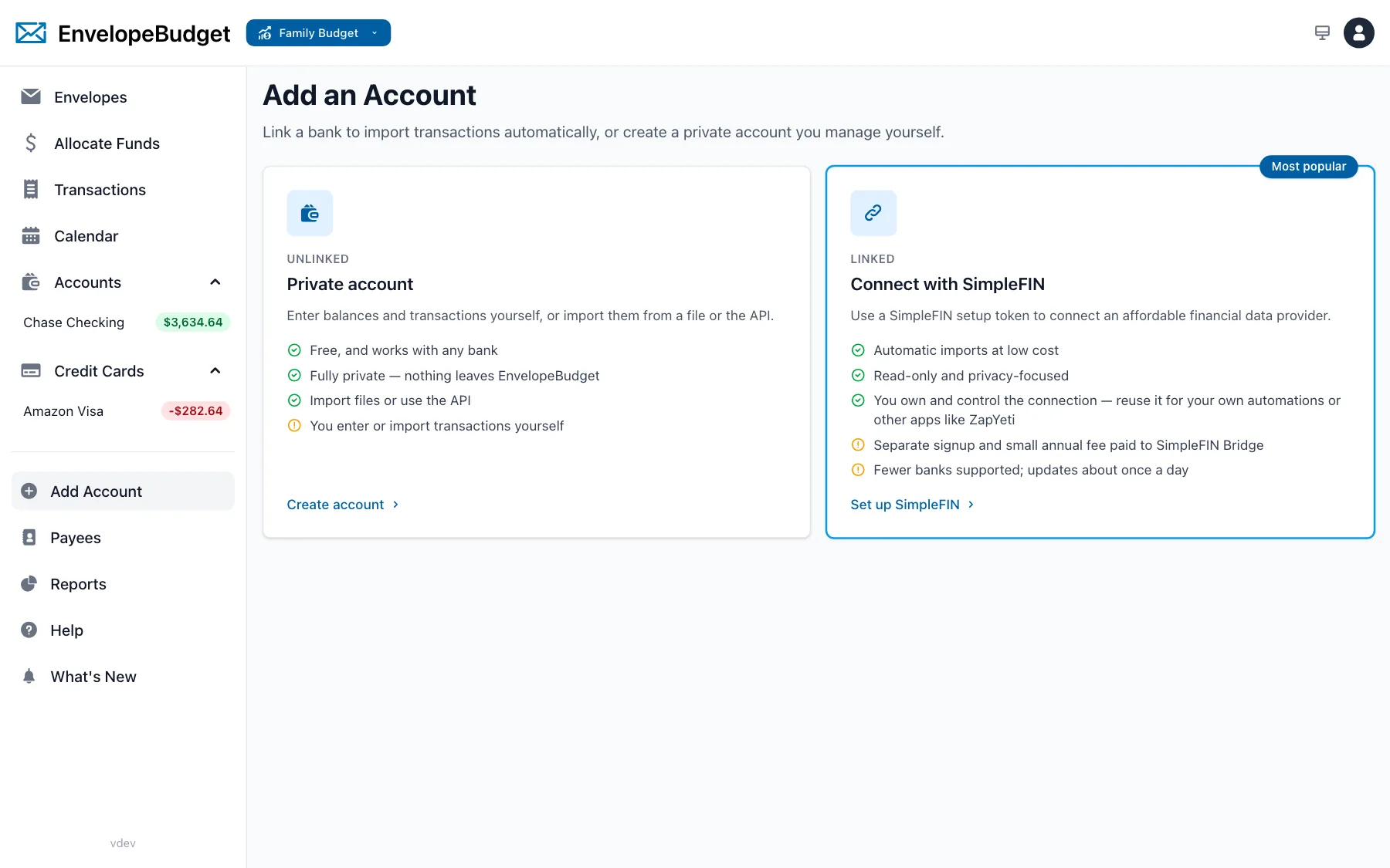 Add an Account page comparing a private account and SimpleFIN