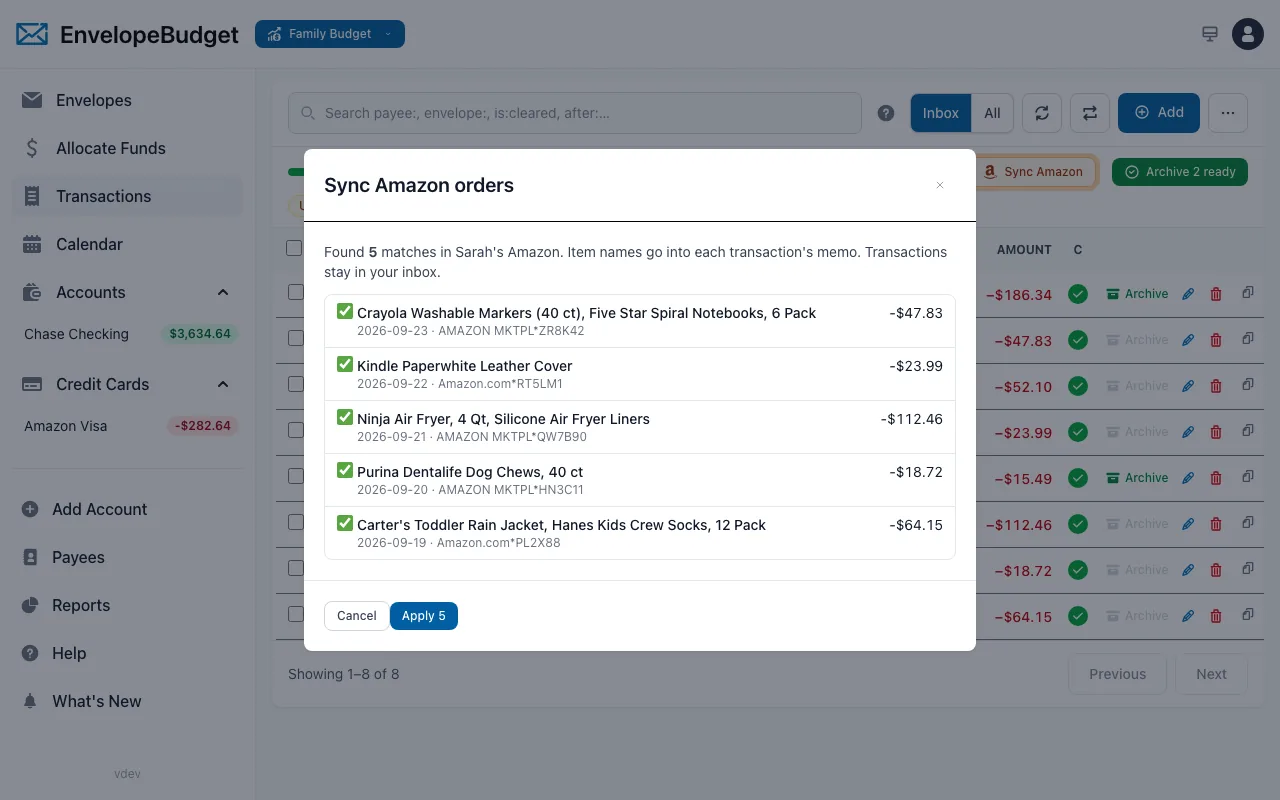 Amazon orders matched to inbox transactions, ready to apply