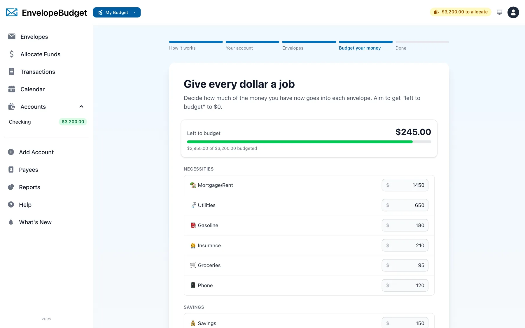 Guided setup: give every dollar a job, with a live left-to-budget meter