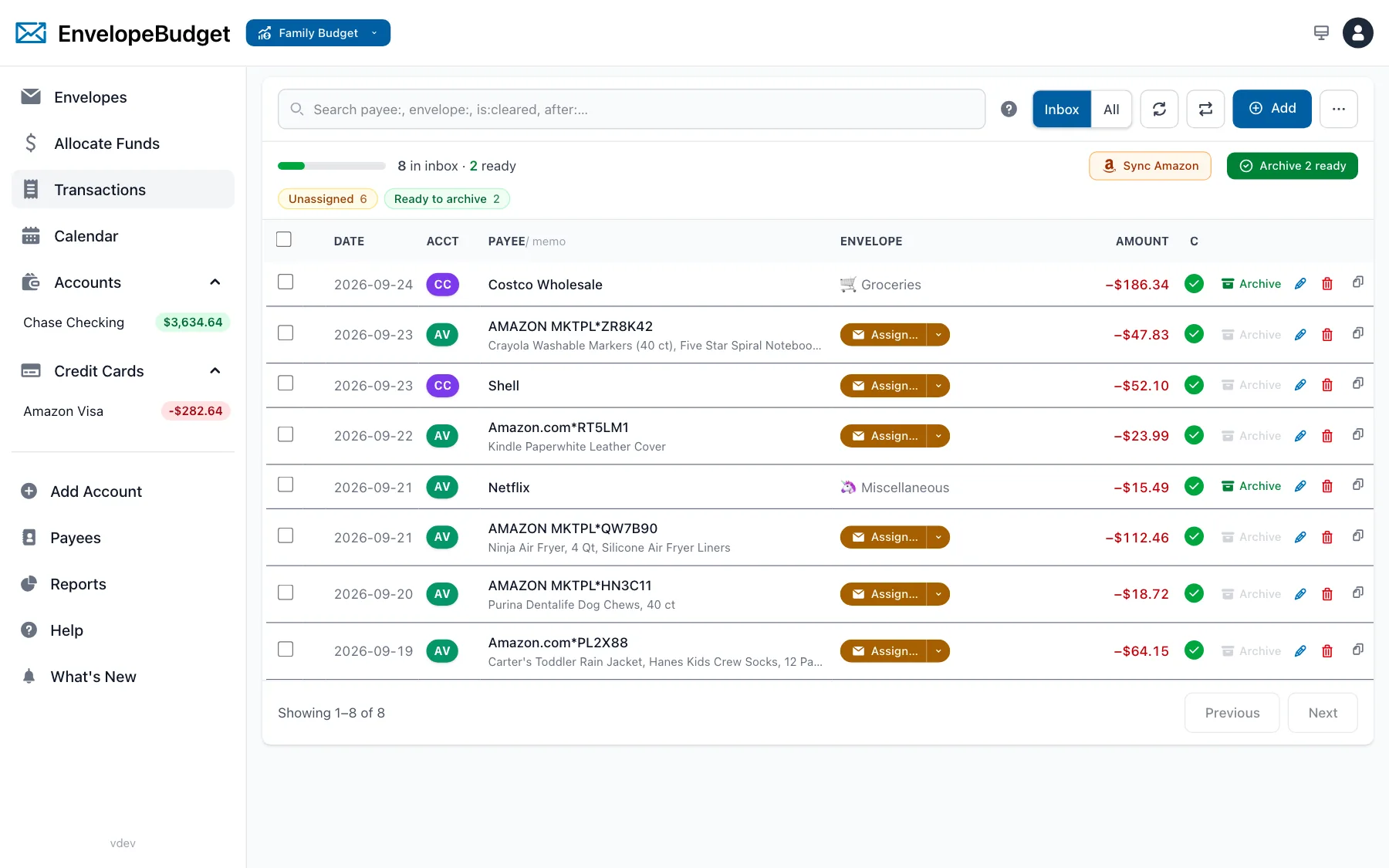 The new EnvelopeBudget transaction inbox with Amazon item details on each charge