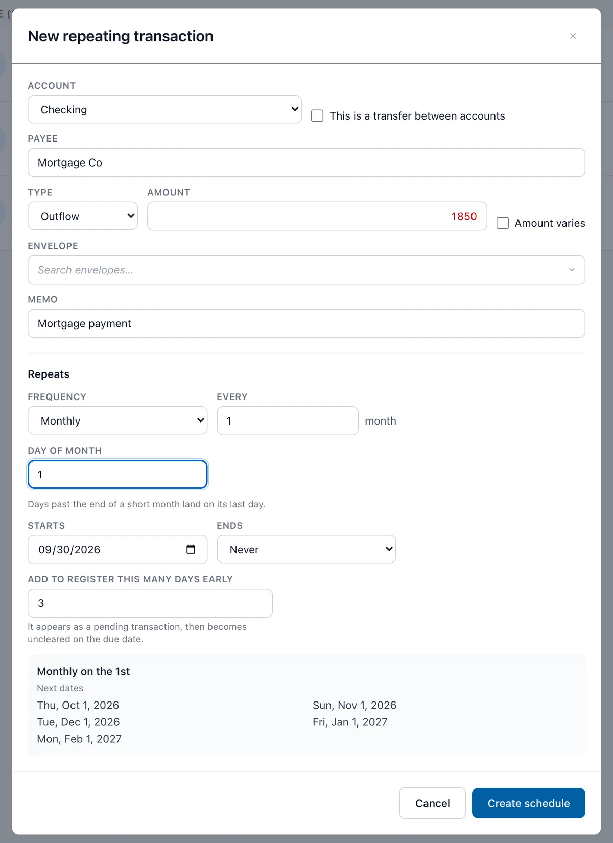 The New repeating transaction editor with a monthly mortgage filled in and a preview of the next five dates