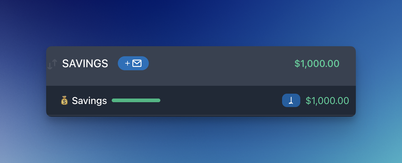 Envelope list showing a green progress bar when the goal is reached