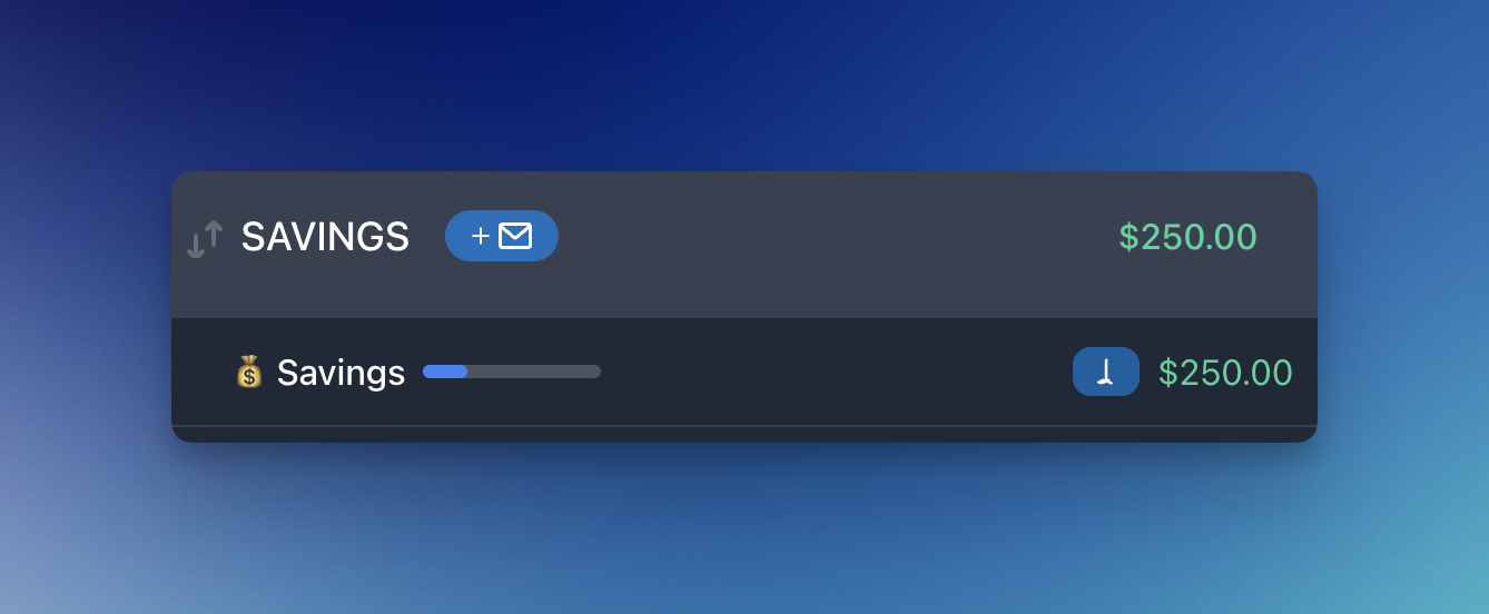 Envelope list showing a blue progress bar while saving toward a goal