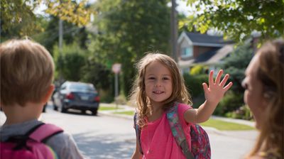 waving goodbye as girl goes to school