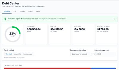 Debt Center overview with progress ring, totals, payoff method controls, and a credit cards vs loans breakdown