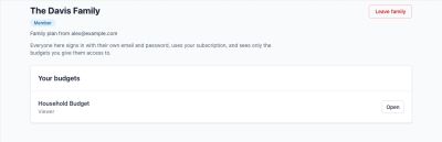 Jordan’s Family & Team page showing only Household Budget with Viewer access