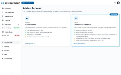 Add an Account page comparing a private account and SimpleFIN