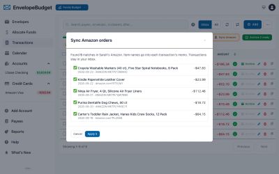 Amazon orders matched to inbox transactions, ready to apply