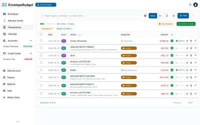 The new EnvelopeBudget transaction inbox with Amazon item details on each charge