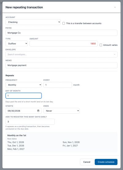 The New repeating transaction editor with a monthly mortgage filled in and a preview of the next five dates