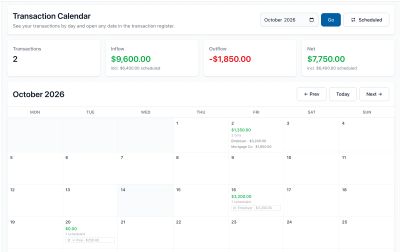 The October calendar with a mortgage and paycheck already entered and three more scheduled occurrences drawn in dashed style