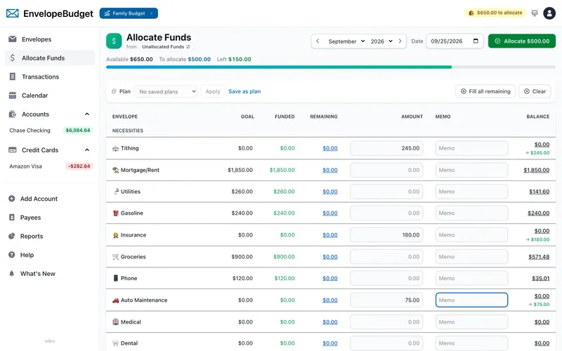 EnvelopeBudget screenshot: allocating income to envelopes