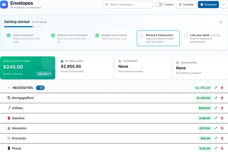EnvelopeBudget screenshot: getting-started checklist
