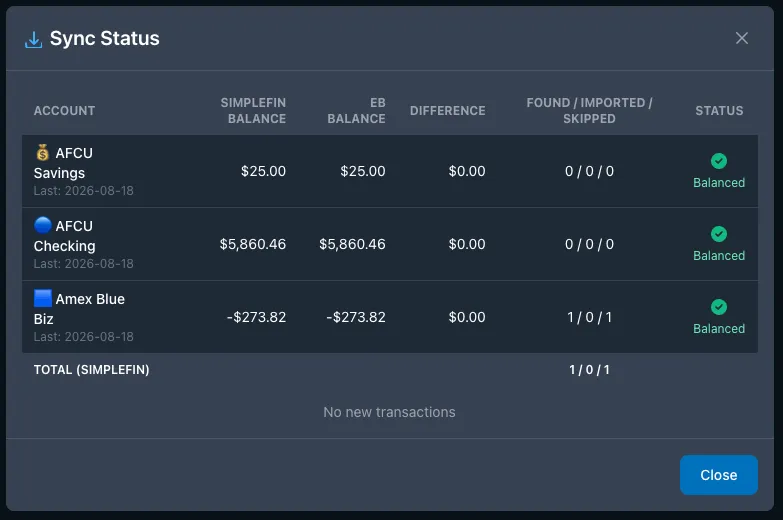EnvelopeBudget screenshot: bank sync status